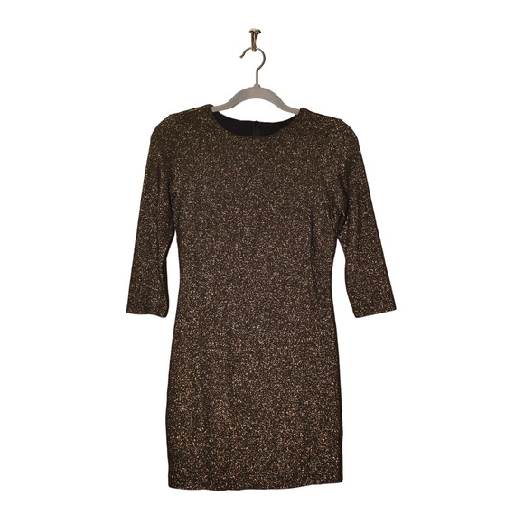 KAREN KANE‎ $118 3/4 Sleeve Stretch Knit Mini Dress Black Gold Glitter XS - Picture 1 of 5